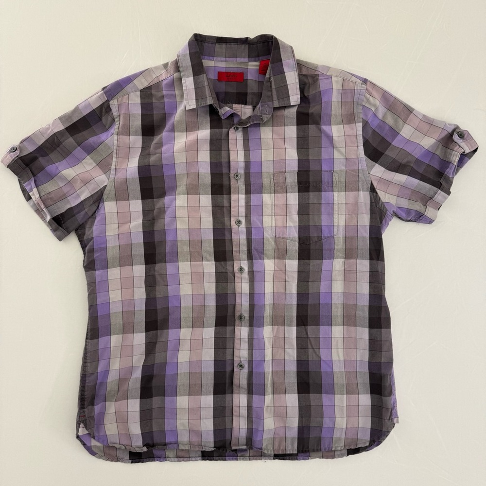 Purple Grey Striped Alfani SS XL Men’s Button Up Shirt Extra Large Short Sleeve